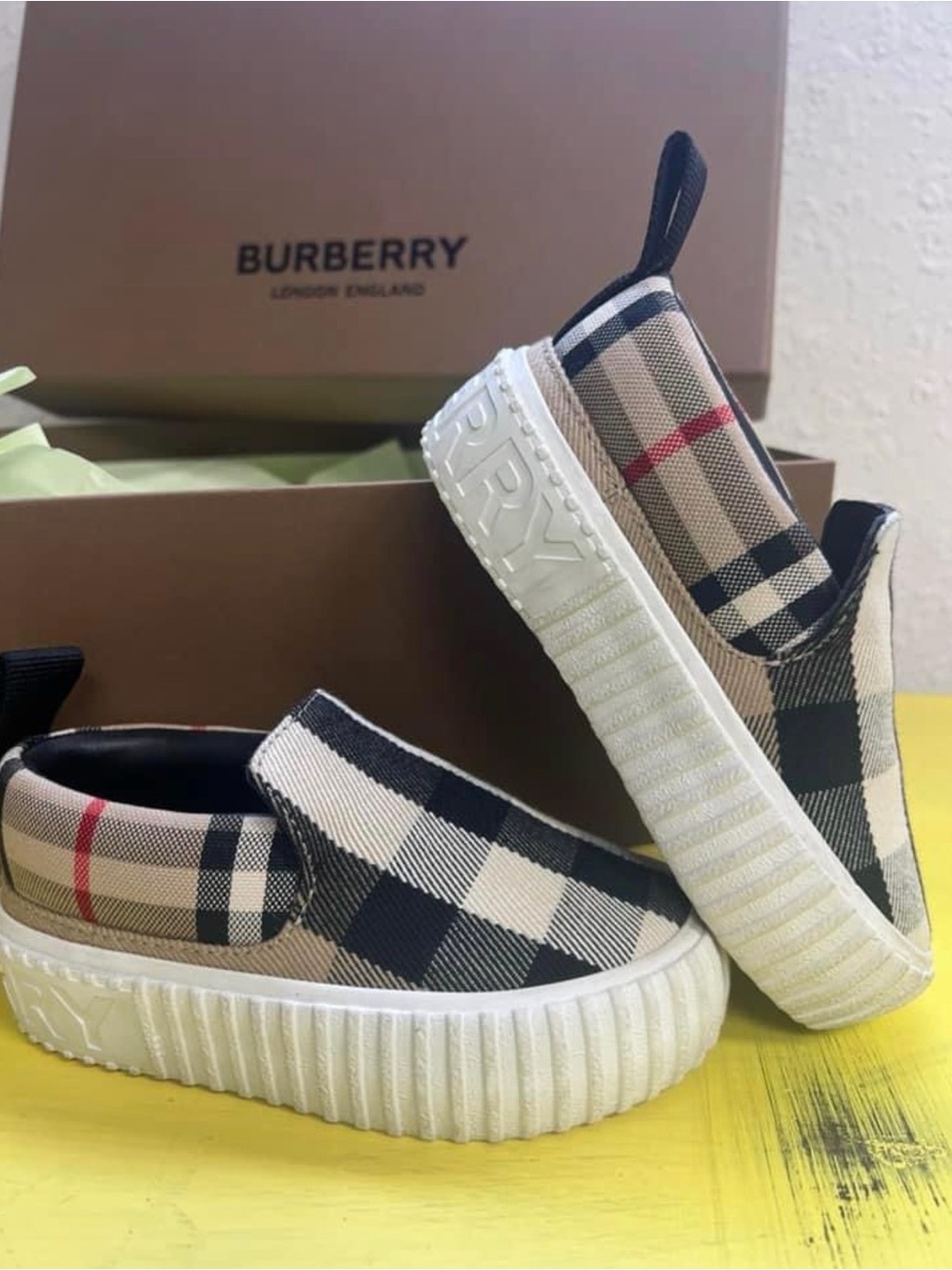 Burberry Beige Black Red Check Slip-On Sneakers